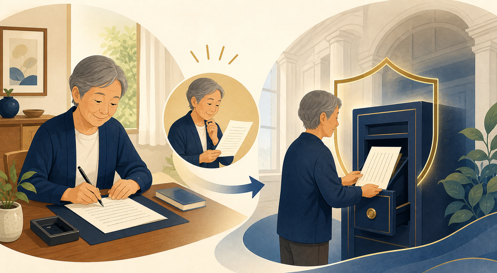自筆証書遺言を手書きし、法務局で安全に保管する流れを表したイラスト