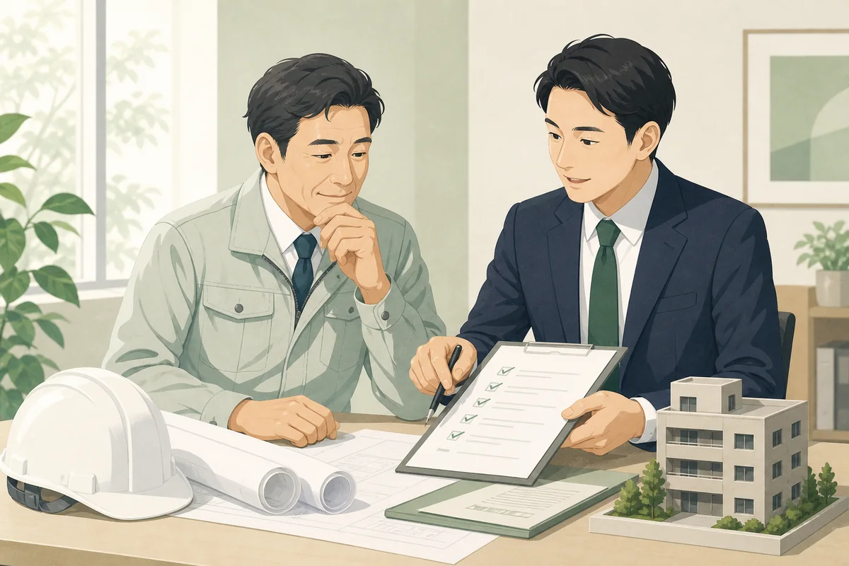 建設業許可の書類を確認する行政書士と建設会社の経営者