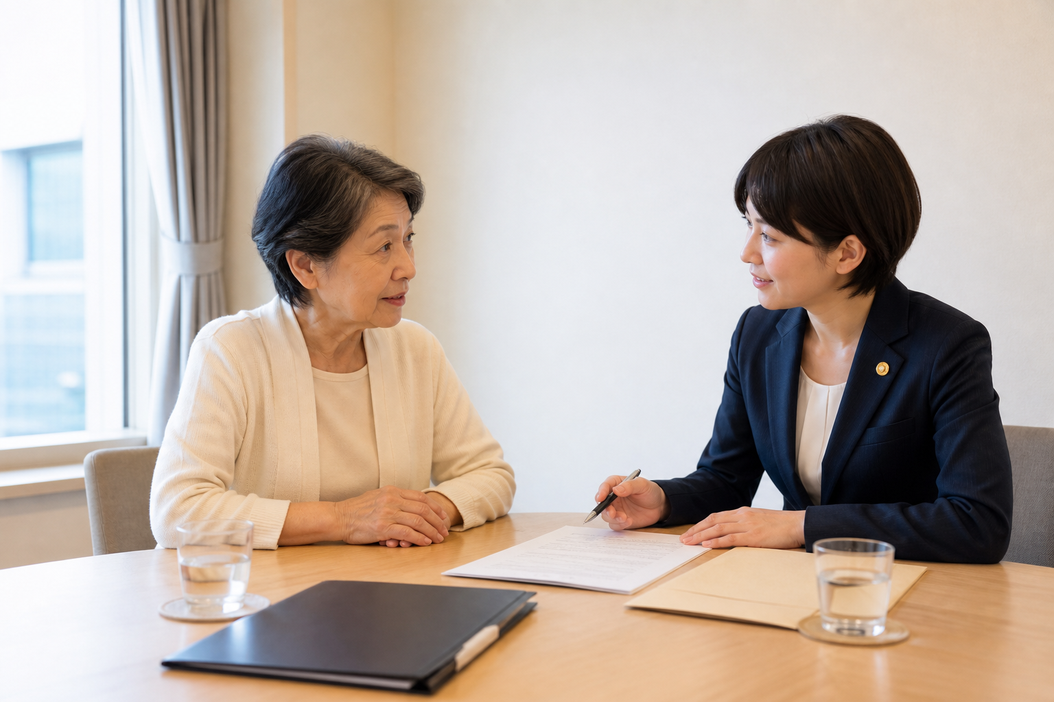 三芳町内の会議室で公正証書遺言について専門家へ相談する高齢女性のイメージ写真