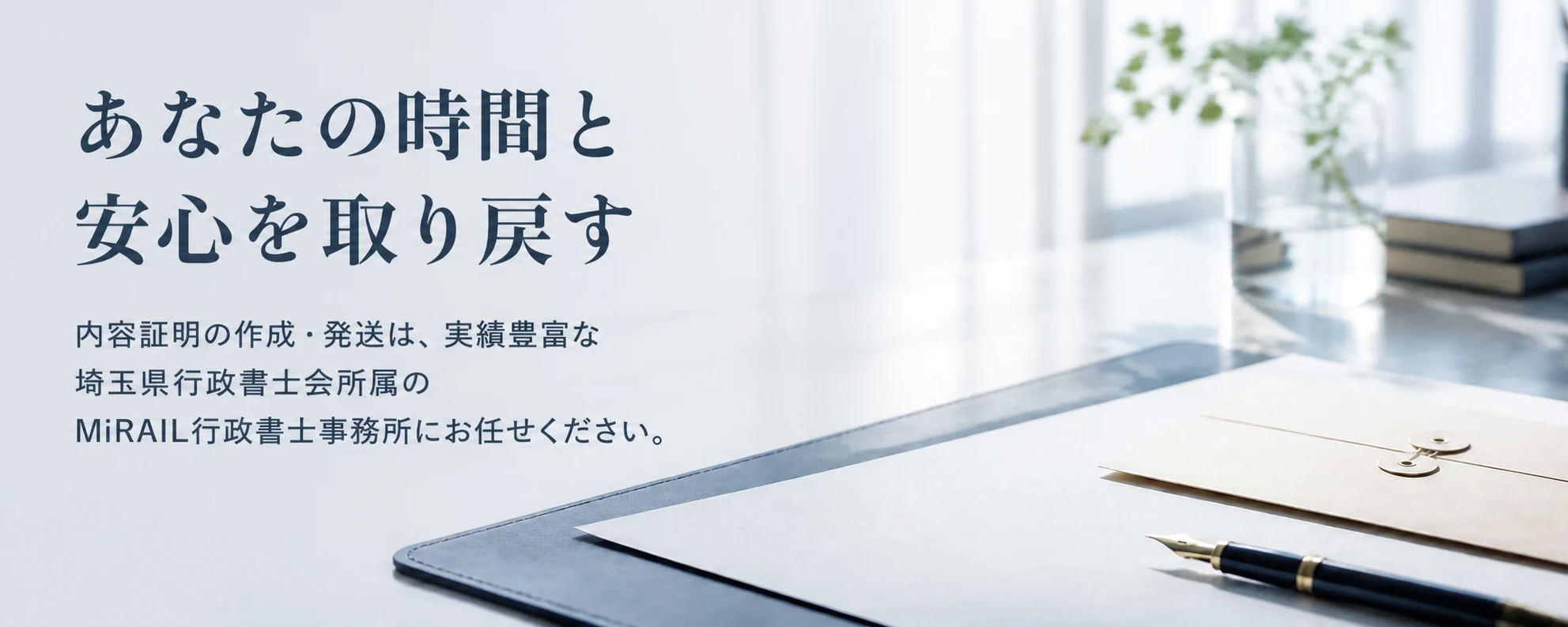 あなたの時間と安心を取り戻す。内容証明の作成・発送は、実績豊富な埼玉県行政書士会所属のMiRAIL行政書士事務所にお任せください。