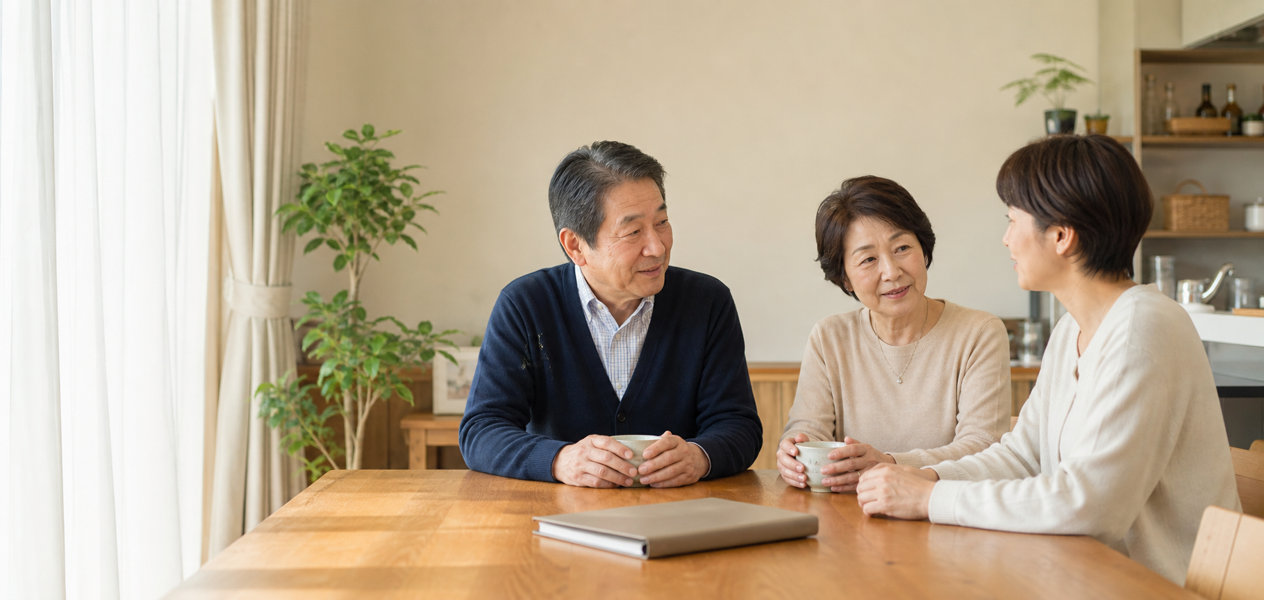 三芳町周辺で遺言について話し合う高齢の夫婦と成人した娘のイメージ写真